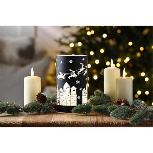 Black Glass Tealight Holder with Sleigh Scene Black Glass Tealight Holder with Sleigh Scene
